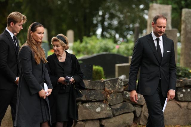 Norway's King Haakon VIII (R), Queen Sonja (C), Crown Princess Ingrid Alexandra (2ndL) and Prince Sverre Magnus (L) leave Asker Church after attending a memorial church service for the late King Harald V in Asker, Norway, on August 30, 2026. King Harald V of Norway, who died on August 28, 2026 aged 89, remained a unifying figure in his country until the very end, a pillar of stability amid a string of family scandals that tarnished the final years of his reign. (Photo by Odd ANDERSEN / AFP)