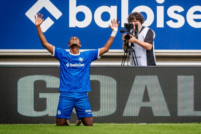 Gent's Josue Vergara celebrates after scoring during the Belgian "Pro League" First Division football match between KAA Gent and Club Brugge at the KAA Stadium in Ghent on August 30, 2026. (Photo by KURT DESPLENTER / BELGA / AFP) / Belgium OUT