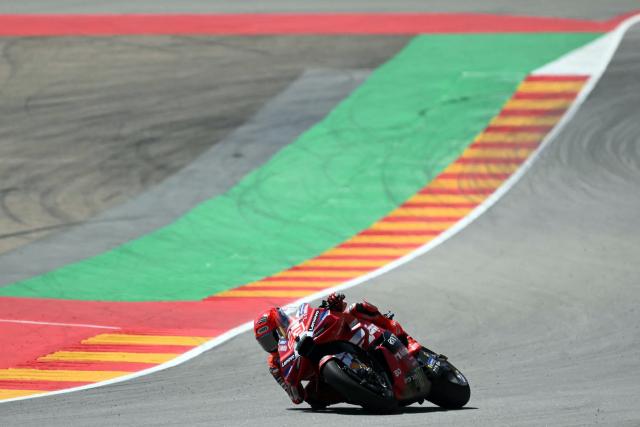 Team Ducati Lenovo Team's Marc Marquez competes in the MotoGP race during the Aragon MotoGP Grand Prix at the Motorland circuit in Alcaniz, northeastern Spain, on August 30, 2026. (Photo by JOSE JORDAN / AFP)