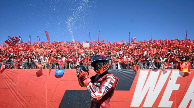Team Ducati Lenovo Team's Marc Marquez celebrates winning the MotoGP race of the Aragon MotoGP Grand Prix at the Motorland circuit in Alcaniz, northeastern Spain, on August 30, 2026. (Photo by JOSE JORDAN / AFP)