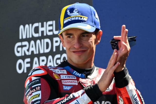 Team Ducati Lenovo Team's Marc Marquez celebrates on the podium after winning the MotoGP race of the Aragon MotoGP Grand Prix at the Motorland circuit in Alcaniz, northeastern Spain, on August 30, 2026. (Photo by JOSE JORDAN / AFP)