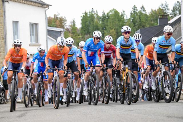 Czech Petr Vakoc, Belgian Wout Alleman and Belgian Jente Michels compete in the UEC Gravel European Championships near Houffalize on August 30, 2026. (Photo by DAVID PINTENS / Belga / AFP) / Belgium OUT