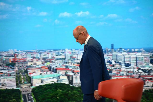 German Chancellor Friedrich Merz arrives at the TV studion prior to his annual summer interview with public broadcaster ARD in Berlin on August 30, 2026. (Photo by RALF HIRSCHBERGER / AFP)