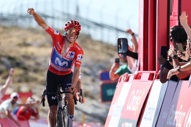 Team Movistar's Spanish rider Enric Mas celebrates winning the 9th stage of the Vuelta a Espana 2026 cycling tour, a 187,4 km race between Villajoyosa and Alto de Aitana in Confrides, on August 30, 2026. (Photo by Josep LAGO / AFP)