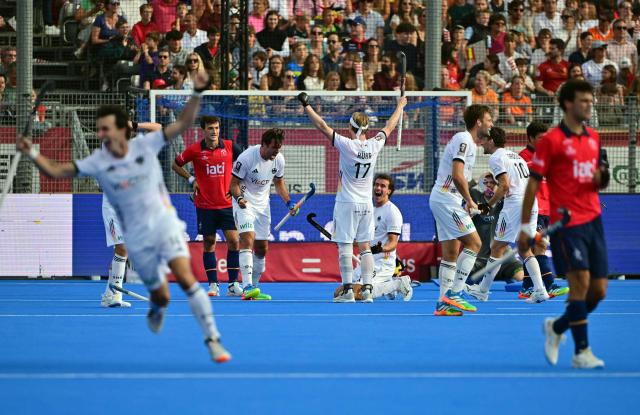 Germany's celebrate after winning the 2026 FIH Men's Hockey World Cup Final match between Spain and Germany at the Belfius Hockey Arena in Wavre on August 30, 2026. (Photo by DIRK WAEM / BELGA / AFP) / Belgium OUT