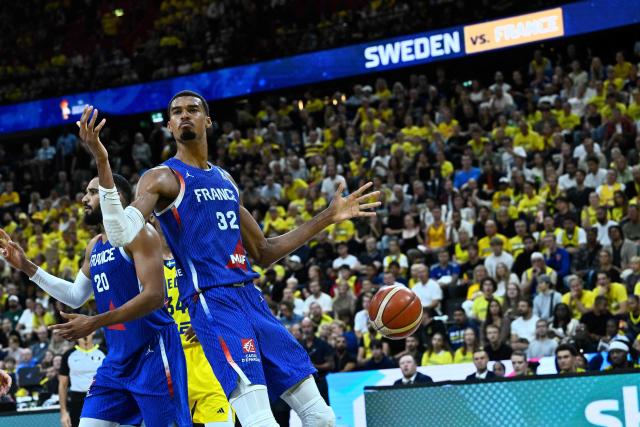 France's power forward #32 Victor Wembanyama celebrates scoring during the FIBA 2027 World Cup qualifying basketball match, 2nd round Group L, between Sweden and France at Avicii Arena in Stockholm, on August 30, 2026. (Photo by Fredrik SANDBERG / TT News Agency / AFP) / Sweden OUT