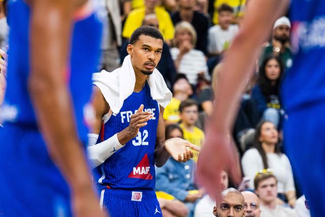 France's power forward #32 Victor Wembanyama reacts during the FIBA 2027 World Cup qualifying basketball match, 2nd round Group L, between Sweden and France at Avicii Arena in Stockholm, on August 30, 2026. (Photo by Jonathan NACKSTRAND / AFP)