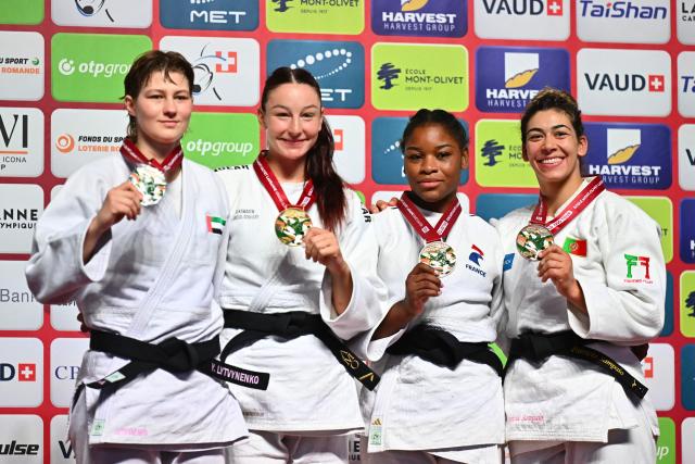 (From L) Silver medallist United Arab Emirates' Yelyzaveta Lytvynenko, gold medallist Germany's Anna Monta Olek, bronze medallists France's Kaila Issoufi and Portugal's Patricia Sampaio pose during the podium ceremony of the women's under 78kg category final event at the Lausanne Grand Slam judo tournament, part of the IJF World Judo Tour, in Prilly on August 30, 2026. (Photo by Fabrice COFFRINI / AFP)