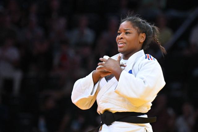 France's Kaila Issoufi celebrates after winning in the women's under 78kg bronze medal bout at the Lausanne Grand Slam judo tournament, part of the IJF World Judo Tour, in Prilly on August 30, 2026. (Photo by Fabrice COFFRINI / AFP)