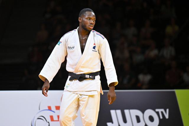 France's Maxime-Gael Ngayap Hambou reacts during his men's under 90kg bronze medal bout at the Lausanne Grand Slam judo tournament, part of the IJF World Judo Tour, in Prilly on August 30, 2026. (Photo by Fabrice COFFRINI / AFP)