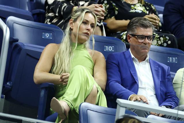 US skier Lindsey Vonn watches Serbia's Novak Djokovic match against Argentina's Mariano Navone during the men's singles first round tennis match on day one of the US Open tennis tournament at the USTA Billie Jean King National Tennis Center in New York City on August 30, 2026. (Photo by CHARLY TRIBALLEAU / AFP)
