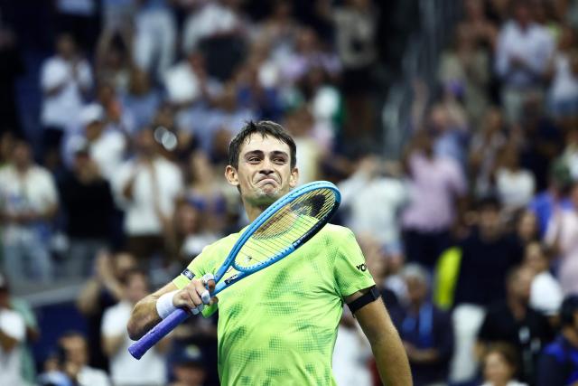 Argentina's Mariano Navone reacts after upsetting Serbia's Novak Djokovic during the men's singles first round tennis match on day one of the US Open tennis tournament at the USTA Billie Jean King National Tennis Center in New York City on August 30, 2026. (Photo by CHARLY TRIBALLEAU / AFP)