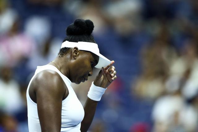 USA's Serena Williams reacts during the match against USA's Sofia Kenin during the women's singles first round tennis match on day one of the US Open tennis tournament at the USTA Billie Jean King National Tennis Center in New York City on August 30, 2026. (Photo by CHARLY TRIBALLEAU / AFP)