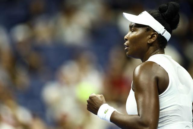USA's Venus Williams reacts during the match against USA's Sofia Kenin during the women's singles first round tennis match on day one of the US Open tennis tournament at the USTA Billie Jean King National Tennis Center in New York City on August 30, 2026. (Photo by CHARLY TRIBALLEAU / AFP)