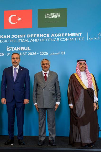 (From L) Turkey's Foreign Minister Hakan Fidan, Pakistan's Foreign Minister Ishaq Dar and Saudi Arabia's Defence Minister Khalid Bin Salman (R) pose as they attend the inaugural meeting of the Strategic Political and Defence Committee established under the Strategic Mutual Defense Agreement (SMDA) between the three countries, in Istanbul on August 31, 2026. (Photo by Yasin AKGUL / AFP)