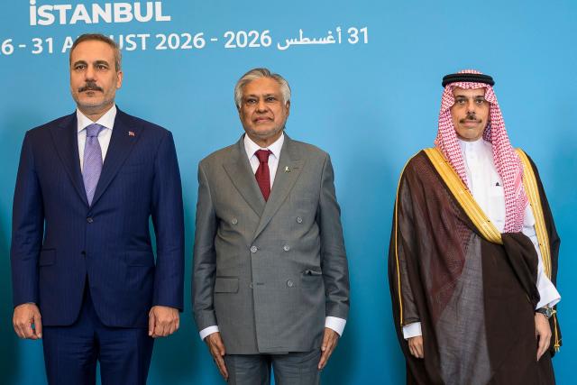 (From L) Turkey's Foreign Minister Hakan Fidan, Pakistan's Foreign Minister Ishaq Dar and Saudi Arabia's Defence Minister Khalid Bin Salman (R) pose as they attend the inaugural meeting of the Strategic Political and Defence Committee established under the Strategic Mutual Defense Agreement (SMDA) between the three countries, in Istanbul on August 31, 2026. (Photo by Yasin AKGUL / AFP)