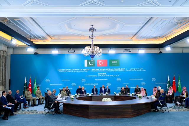 Turkey's Foreign Minister Hakan Fidan (C), Pakistan's Foreign Minister Ishaq Dar (2nd L) and Saudi Arabia's Defence Minister Khalid Bin Salman (3rd R) attend the inaugural meeting of the Strategic Political and Defence Committee established under the Strategic Mutual Defense Agreement (SMDA) between the three countries, in Istanbul on August 31, 2026. (Photo by Yasin AKGUL / AFP)