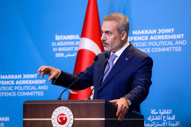 Turkey's Foreign Minister Hakan Fidan attends a press conference following the inaugural meeting of the Strategic Political and Defence Committee established under the Strategic Mutual Defense Agreement (SMDA) between Turkey, Saudi Arabia and pakistan, in Istanbul on August 31, 2026. (Photo by Yasin AKGUL / AFP)