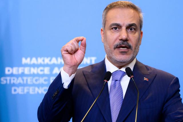 Turkey's Foreign Minister Hakan Fidan attends a press conference following the inaugural meeting of the Strategic Political and Defence Committee established under the Strategic Mutual Defense Agreement (SMDA) between Turkey, Saudi Arabia and pakistan, in Istanbul on August 31, 2026. (Photo by Yasin AKGUL / AFP)