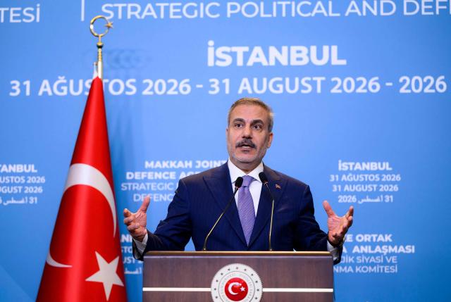 Turkey's Foreign Minister Hakan Fidan attends a press conference following the inaugural meeting of the Strategic Political and Defence Committee established under the Strategic Mutual Defense Agreement (SMDA) between Turkey, Saudi Arabia and pakistan, in Istanbul on August 31, 2026. (Photo by Yasin AKGUL / AFP)