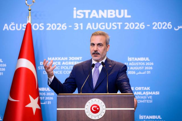 Turkey's Foreign Minister Hakan Fidan attends a press conference following the inaugural meeting of the Strategic Political and Defence Committee established under the Strategic Mutual Defense Agreement (SMDA) between Turkey, Saudi Arabia and pakistan, in Istanbul on August 31, 2026. (Photo by Yasin AKGUL / AFP)