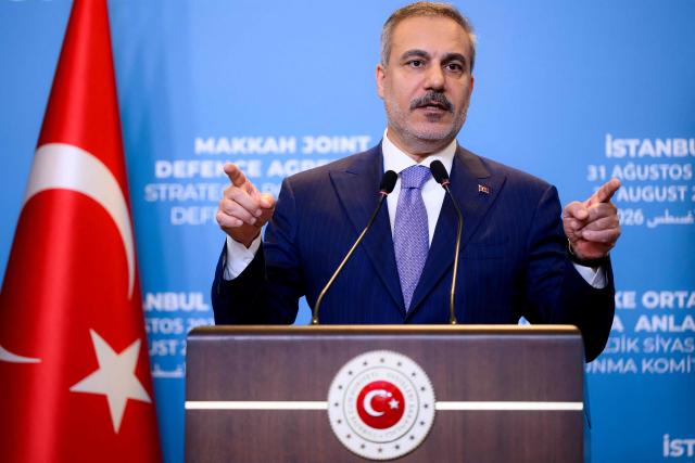 Turkey's Foreign Minister Hakan Fidan attends a press conference following the inaugural meeting of the Strategic Political and Defence Committee established under the Strategic Mutual Defense Agreement (SMDA) between Turkey, Saudi Arabia and pakistan, in Istanbul on August 31, 2026. (Photo by Yasin AKGUL / AFP)