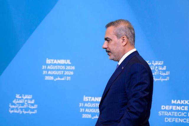 Turkey's Foreign Minister Hakan Fidan attends a press conference following the inaugural meeting of the Strategic Political and Defence Committee established under the Strategic Mutual Defense Agreement (SMDA) between Turkey, Saudi Arabia and pakistan, in Istanbul on August 31, 2026. (Photo by Yasin AKGUL / AFP)