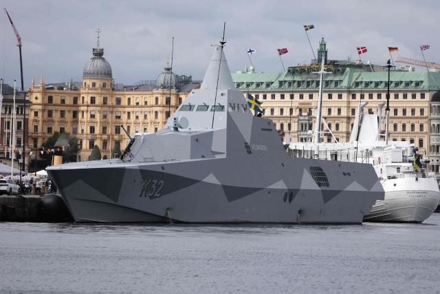 The Visby-class corvette HSwMS Helsingborg is pictured in Stockholm, Sweden, on August 31, 2026, during French President's visit. (Photo by Ludovic MARIN / AFP)