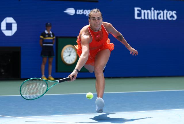 Belarus’ Aryna Sabalenka plays a shot to Colombia’s Camila Osorio during their women's singles first round tennis match on day two of the US Open tennis tournament at the USTA Billie Jean King National Tennis Center in New York on August 31, 2026. (Photo by TIMOTHY A. CLARY / AFP)