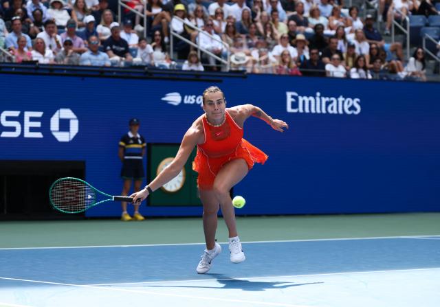 Belarus’ Aryna Sabalenka plays a shot to Colombia’s Camila Osorio during their women's singles first round tennis match on day two of the US Open tennis tournament at the USTA Billie Jean King National Tennis Center in New York on August 31, 2026. (Photo by TIMOTHY A. CLARY / AFP)