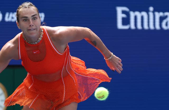 Belarus’ Aryna Sabalenka plays a shot to Colombia’s Camila Osorio during their women's singles first round tennis match on day two of the US Open tennis tournament at the USTA Billie Jean King National Tennis Center in New York on August 31, 2026. (Photo by TIMOTHY A. CLARY / AFP)