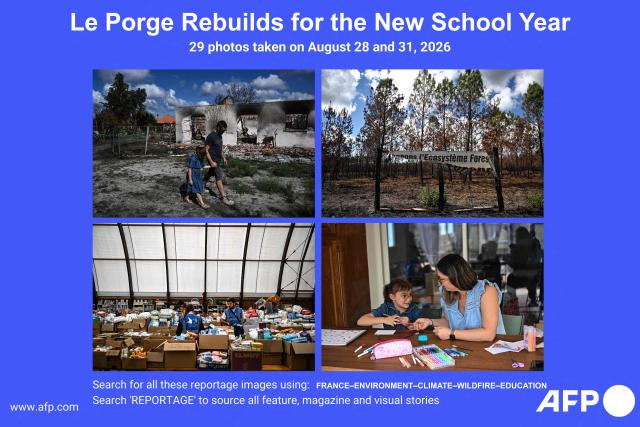 AFP presents a reportage of 29 photos by Christophe Archambault, taken on August 28 and 31, 2026, in the town of Le Porge, following a massive wildfire that left residents “traumatised” ahead of the start of the new school term. A total of 183 homes were destroyed and 7,000 hectares went up in smoke: in Le Porge, the town in the Gironde department hardest hit by July’s massive wildfire, preparations for the start of the school year are underway amid the “trauma” of a population. (Photo by Christophe ARCHAMBAULT / AFP)