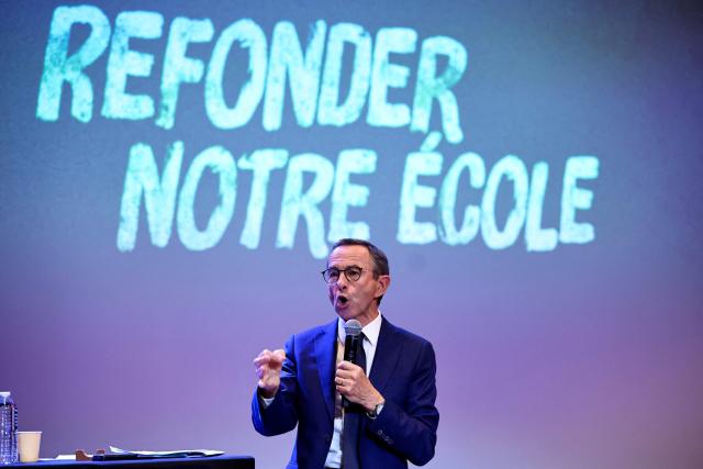 President of French right-wing party Les Republicains (LR) and candidate for France’s 2027 presidential election Bruno Retailleau presents his education plan ahead of the election in Boulogne-Billancourt, on the outskirts of Paris on August 31, 2026. (Photo by SIMON WOHLFAHRT / AFP)