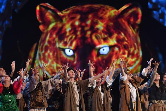 Artists perform during the opening ceremony of the World Nomad Games at the Bishkek Arena in Bishkek on August 31, 2026. (Photo by Vyacheslav OSELEDKO / AFP)
