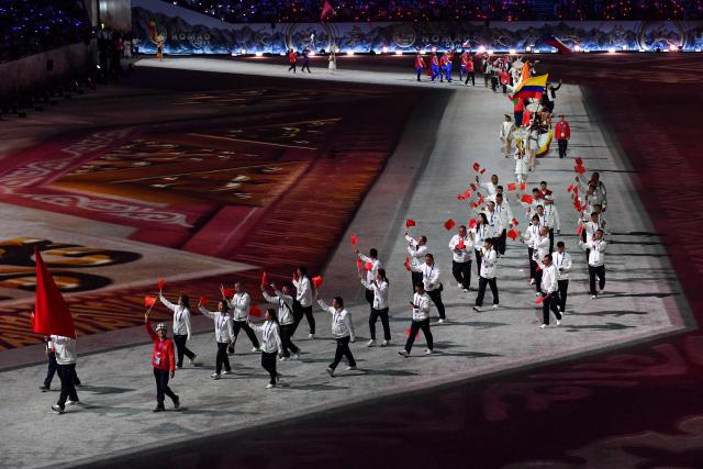 Team China parades during the opening ceremony of the World Nomad Games at the Bishkek Arena in Bishkek on August 31, 2026. (Photo by Vyacheslav OSELEDKO / AFP)