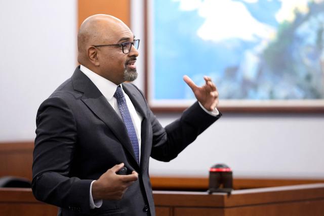 Chief Deputy District Attorney Binu Palal gives closing arguments in the Duane Davis murder trial, related to the 1996 killing of rapper Tupac Shakur, at Clark County District Court at the Regional Justice Center in Las Vegas, Nevada, on August 31, 2026. The trial of the former gang leader accused of orchestrating the murder of rapper Tupac Shakur began on August 10, 30 years after one of America's most high-profile unresolved killings. The proceedings, expected to last a month, will likely not make clear who fired the shots that killed the California hip-hop legend on the night of September 7, 1996, while he was in Las Vegas to see a Mike Tyson boxing match. (Photo by STEVE MARCUS / POOL / AFP)