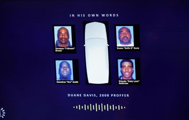 Alleged occupants of the white Cadillac are displayed during closing arguments in the Duane Davis murder trial, related to the 1996 killing of rapper Tupac Shakur, at Clark County District Court at the Regional Justice Center in Las Vegas, Nevada, on August 31, 2026. The trial of the former gang leader accused of orchestrating the murder of rapper Tupac Shakur began on August 10, 30 years after one of America's most high-profile unresolved killings. The proceedings, expected to last a month, will likely not make clear who fired the shots that killed the California hip-hop legend on the night of September 7, 1996, while he was in Las Vegas to see a Mike Tyson boxing match. (Photo by STEVE MARCUS / POOL / AFP)