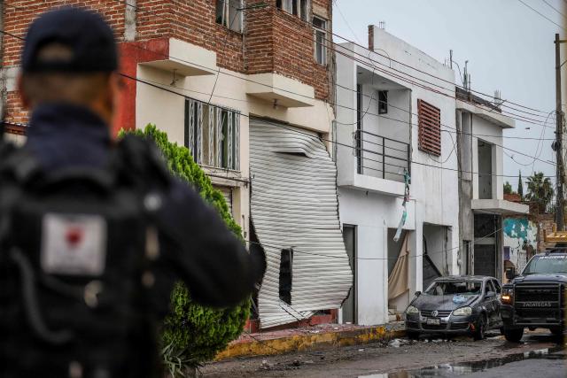 A building damaged by a car bomb explosion outside the municipal police station is pictured in Ojocaliente, Zacatecas, Mexico, on August 31, 2026. A car bomb exploded on August 30 night in front of a police station in Mexico, wounding six people, authorities said. The attack took place in the state of Zacatecas, which has key routes for drug trafficking. (Photo by Jess Mireles / AFP)