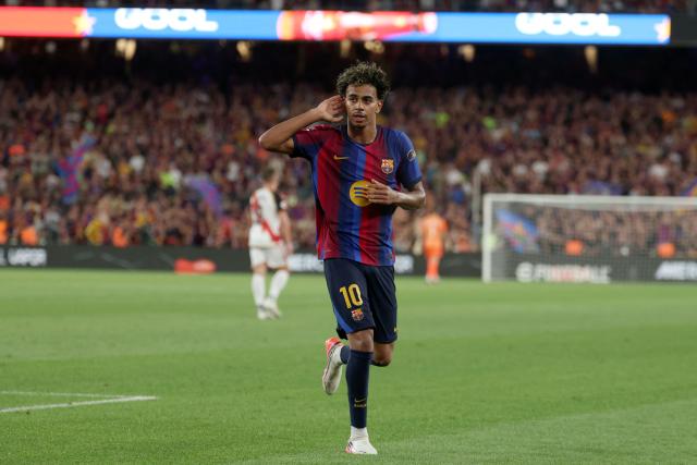 Barcelona's Spanish forward #10 Lamine Yamal celebrates scoring his team's fifth goal during the Spanish league football match between FC Barcelona and Rayo Vallecano de Madrid at Camp Nou Stadium in Barcelona on August 31, 2026. (Photo by Lluis GENE / AFP)