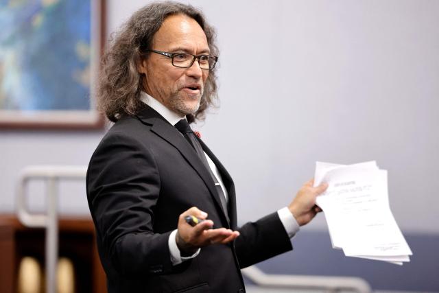 Michael Sanft, defense attorney for Duane Davis, makes closing arguments during the Duane Davis murder trial, related to the 1996 killing of rapper Tupac Shakur, at Clark County District Court at the Regional Justice Center in Las Vegas, Nevada, on August 31, 2026. The trial of the former gang leader accused of orchestrating the murder of rapper Tupac Shakur began on August 10, 30 years after one of America's most high-profile unresolved killings. The proceedings, expected to last a month, will likely not make clear who fired the shots that killed the California hip-hop legend on the night of September 7, 1996, while he was in Las Vegas to see a Mike Tyson boxing match. (Photo by STEVE MARCUS / POOL / AFP)