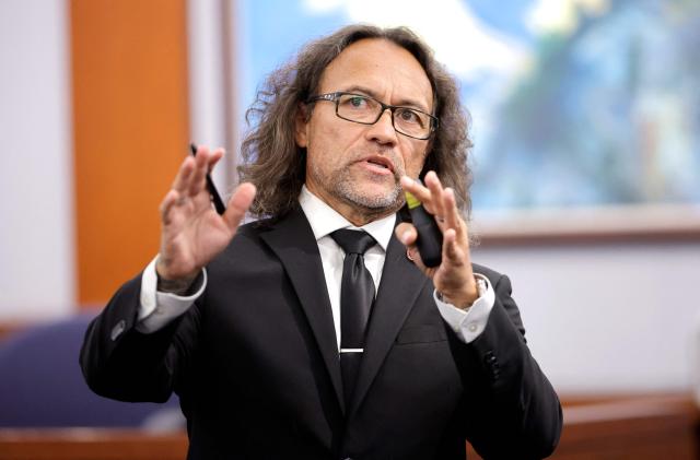 Michael Sanft, defense attorney for Duane Davis, makes closing arguments during the Duane Davis murder trial, related to the 1996 killing of rapper Tupac Shakur, at Clark County District Court at the Regional Justice Center in Las Vegas, Nevada, on August 31, 2026. The trial of the former gang leader accused of orchestrating the murder of rapper Tupac Shakur began on August 10, 30 years after one of America's most high-profile unresolved killings. The proceedings, expected to last a month, will likely not make clear who fired the shots that killed the California hip-hop legend on the night of September 7, 1996, while he was in Las Vegas to see a Mike Tyson boxing match. (Photo by STEVE MARCUS / POOL / AFP)