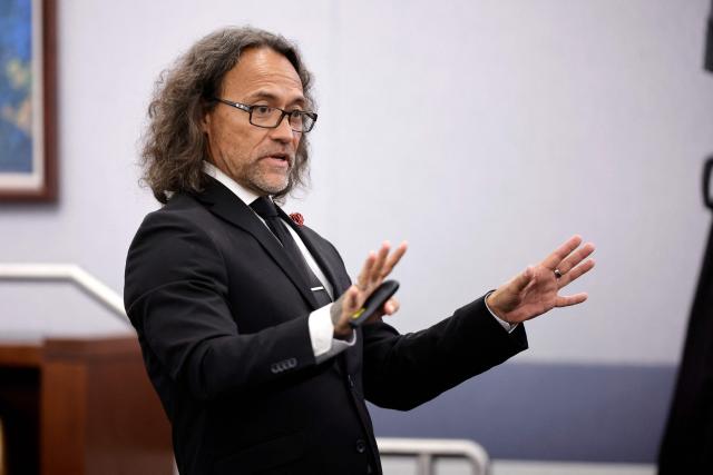 Michael Sanft, defense attorney for Duane Davis, makes closing arguments during the Duane Davis murder trial, related to the 1996 killing of rapper Tupac Shakur, at Clark County District Court at the Regional Justice Center in Las Vegas, Nevada, on August 31, 2026. The trial of the former gang leader accused of orchestrating the murder of rapper Tupac Shakur began on August 10, 30 years after one of America's most high-profile unresolved killings. The proceedings, expected to last a month, will likely not make clear who fired the shots that killed the California hip-hop legend on the night of September 7, 1996, while he was in Las Vegas to see a Mike Tyson boxing match. (Photo by STEVE MARCUS / POOL / AFP)