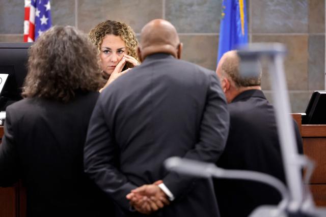 District Court Judge Carli Kierny listens to attorneys (L-R), defense attorney Michael Sanft, Chief Deputy District Attorneys Binu Palal and Marc DiGiacomo during closing arguments in the Duane Davis murder trial, related to the 1996 killing of rapper Tupac Shakur, at Clark County District Court at the Regional Justice Center in Las Vegas, Nevada, on August 31, 2026. The trial of the former gang leader accused of orchestrating the murder of rapper Tupac Shakur began on August 10, 30 years after one of America's most high-profile unresolved killings. The proceedings, expected to last a month, will likely not make clear who fired the shots that killed the California hip-hop legend on the night of September 7, 1996, while he was in Las Vegas to see a Mike Tyson boxing match. (Photo by STEVE MARCUS / POOL / AFP)