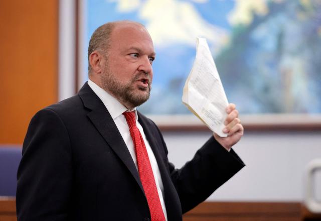 Chief Deputy District Attorney Marc DiGiacomo speaks to the jury during rebuttal closing arguments in the Duane Davis murder trial, related to the 1996 killing of rapper Tupac Shakur, at Clark County District Court at the Regional Justice Center in Las Vegas, Nevada, on August 31, 2026. The trial of the former gang leader accused of orchestrating the murder of rapper Tupac Shakur began on August 10, 30 years after one of America's most high-profile unresolved killings. The proceedings, expected to last a month, will likely not make clear who fired the shots that killed the California hip-hop legend on the night of September 7, 1996, while he was in Las Vegas to see a Mike Tyson boxing match. (Photo by STEVE MARCUS / POOL / AFP)