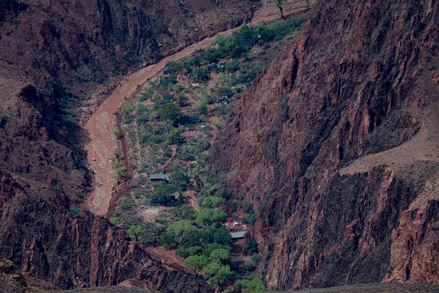 The campsite at Bright Angel Creek corridor at the Grand Canyon, which was hit with flash floods is seen from Grand Canyon Village, Arizona, on August 31, 2026. More than 20 people may be missing after the flash flood in Grand Canyon National Park according to the National Park Service. The floods hit the Bright Angel Canyon and Phantom Ranch area on Saturday, the service said, adding that it was working with Arizona authorities to evacuate people and account for individuals in the affected area. (Photo by Ian Maule / AFP)