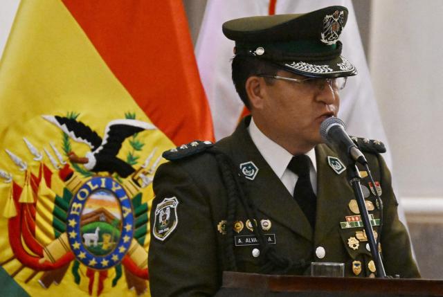 Bolivian Police Colonel Adrian Javier Alvarez speaks after being sworn in as the new interim Commander-in-chief of the Bolivian Police, following the resignation of Mirko Sokol at the Government Palace in La Paz on August 31, 2026. (Photo by Aizar RALDES / AFP)