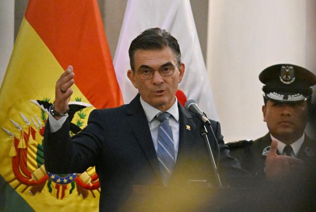 Bolivia's President Rodrigo Paz speaks during the swearing-in ceremony of Colonel Adrian Javier Alvarez as the new interim Commander-in-chief of the Bolivian Police, following the resignation of Mirko Sokol at the Government Palace in La Paz on August 31, 2026. (Photo by Aizar RALDES / AFP)