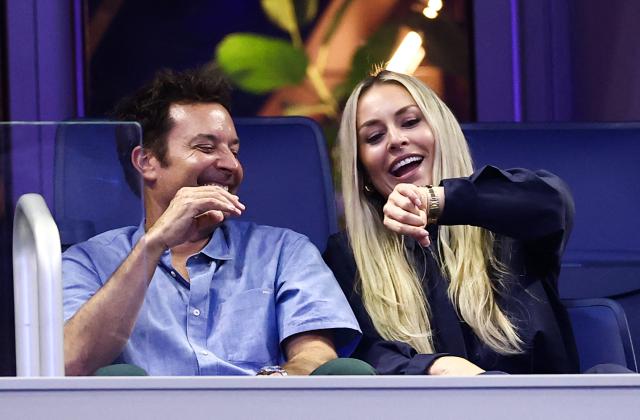 US actor and TV host Jimmy Fallon and US alpine skier Lindsey Vonn attend the men's singles first round tennis match between USA's Ben Shelton and Netherlands' Tallon Griekspoor on day two of the US Open tennis tournament at the USTA Billie Jean King National Tennis Center in New York City on August 31, 2026. (Photo by CHARLY TRIBALLEAU / AFP)
