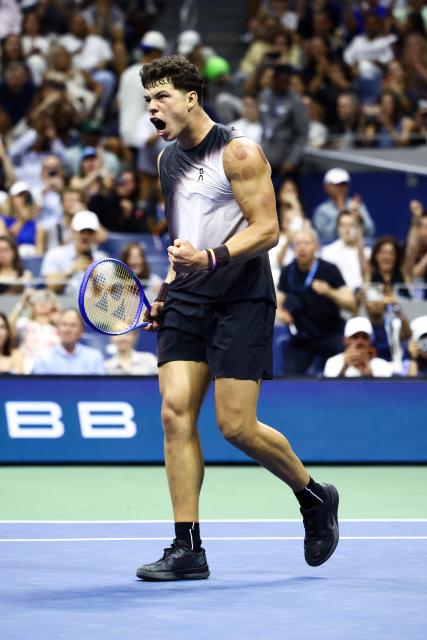 USA's Ben Shelton reacts after winning his match against Netherlands' Tallon Griekspoor (off frame) during the men's singles first round tennis match on day two of the US Open tennis tournament at the USTA Billie Jean King National Tennis Center in New York City on August 31, 2026. (Photo by CHARLY TRIBALLEAU / AFP)