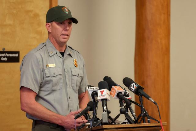 Incident Commander Dave Black speaks during a press conference at the Grand Canyon National Park Headquarters in Grand Canyon Village, Arizona on August 31, 2026. Only one person remains unaccounted for in the deadly flash flood that hit part of the Grand Canyon over the weekend, officials said August 31, after earlier saying they were looking for around 15 people. 
"There is one person unaccounted for that we know of right now," said incident commander Dave Black. "We rescued 82 people out of the canyon." (Photo by Ian Maule / AFP)